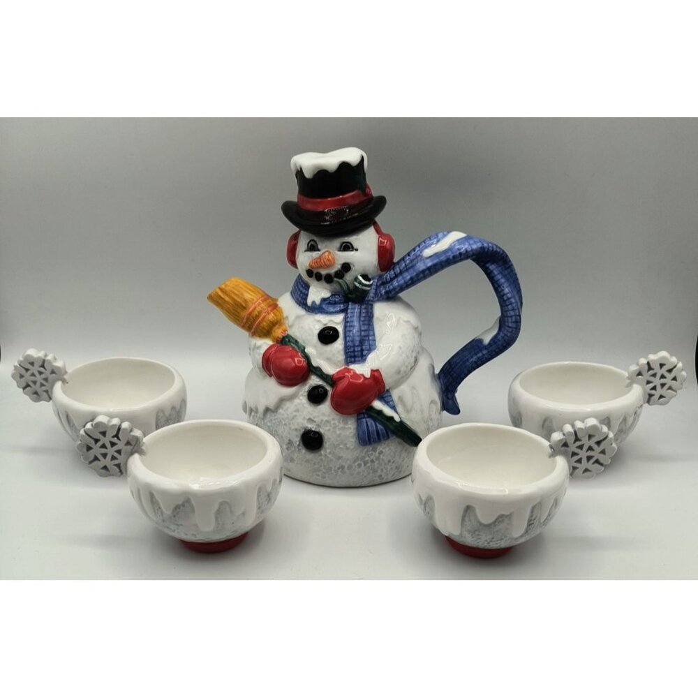 Department 56 Snowman Ceramic Teapot & 4 Snowflake Cups Holiday Set